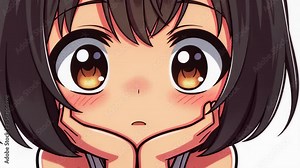 Anime Girl's Innocent Gaze: A close-up of an anime girl with big, expressive eyes gazes directly at the viewer. Capturing a moment of innocent and curious emotion.