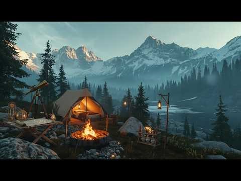 Cozy Campfire in the Mountain Valley | Relaxing Nature Sounds | Fantasy Camping Ambience
