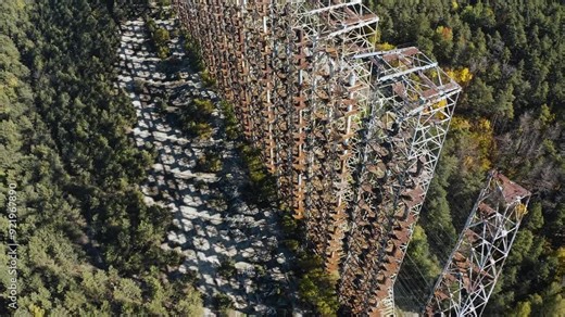 Aerial Drone view of Duga horizon radar system in Chernobyl. Woodpecker Duga 2 drone flight in the exclusion zone of Chernobyl.