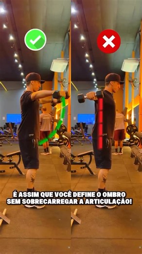Bruno Reis / Treino feminino on Instagram: "Mulherada! É assim que você define o ombro sem detonar a articulação. Na elevação lateral, o detalhe muda tudo 👇 ✅ Certo: braço sobe levemente na diagonal, no plano escapular. Mais ativação do deltoide, movimento mais natural e zero drama pro ombro. ❌ Errado: braço sobe na mesma linha do ombro. A articulação sofre, a ativação cai… e o ombro que lute. Quer ombro redondo, bonito e saudável? Para de brigar com a articulação e começa a treinar com intelig