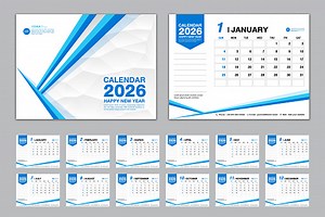 Calendar 2026 template set vector, Week starts Sunday, set of 12...