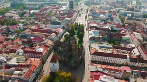 Explore the aerial view of St. Elizabeth's Cathedral in Kosice, Slovakia. Discover the historical architecture and vibrant surroundings of the old town from a breathtaking perspective.(4K)