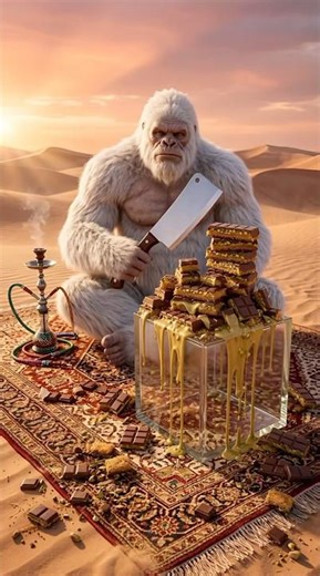 Yeti in the Desert Cuts & Eats Dubai Chocolate 😱🍫🔥 #visualart #animation #aiart