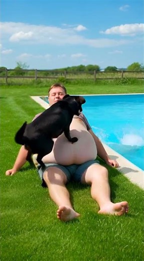 Dogs Queue Up to Use This Guy’s Big Belly as a Trampoline to Jump in the Pool 😂