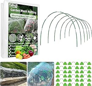 Garden Hoops and Netting for Raised Beds, Fiberglass Greenhouse Hoops Grow Tunnel with 10x50ft Ultra Fine Mesh Netting Kit Pest Barrier for Garden Protection, Deer Bird Insect Bug Gardening Plant Net