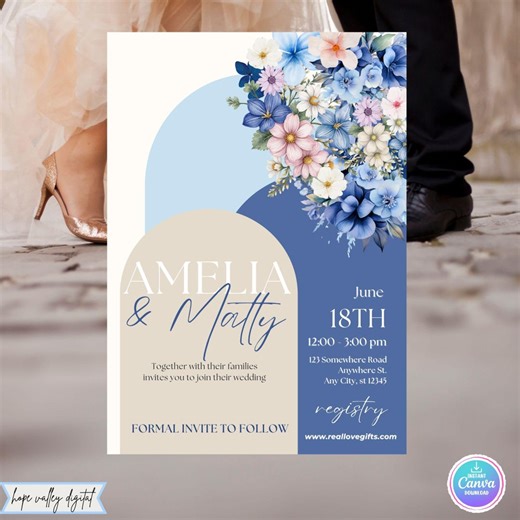 Blue Floral Wedding Invitation Template, Editable Wedding Invite, Blue Wedding Invite, Printable Wedding Invite, Instant Download Template - Etsy