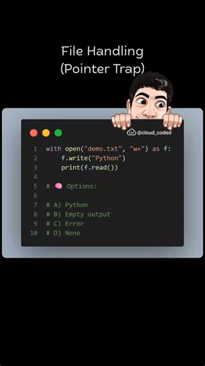 Aʟғᴀɪᴢ on Instagram: "This one tests real file-handling knowledge 📁 When you open a file with "w+": The file pointer is at the end after writing. f.write("Python") moves the pointer forward. Immediately calling f.read() reads from the current pointer position — which is already at the end. So nothing is left to read, and the output is empty. 💡 Fix it using: f.seek(0) Can you guess the output before running it? Drop your answer (A/B/C/D) 👇 #python #pythonprogramming #codesnippet #learnpython #