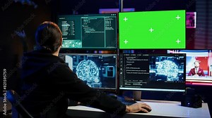 Hacker uses green screen PC and AI deep learning to develop zero day exploit undetectable by antivirus. Scammer uses artificial intelligence and mockup computer to build data mining script, camera B