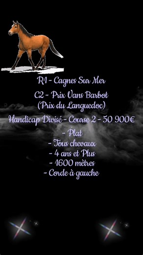 Pronostic :12/01/2026❤️ R1 - Cagnes Sur Mer - C2 - Prix Vans Barbot (Prix du Languedoc) Handicap Divisé - Course 2 - - Plat - Tous chevaux - 4 ans et Plus - 1600 mètres - Corde à gauche