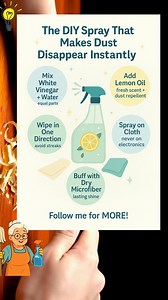 📌 The DIY Spray That Makes Dust Disappear Instantly 💬 A quick, natural mix to keep your surfaces dust-free for longer! 🧼 How It Works: 🫧 Mix White Vinegar Water Fill a spray bottle with equal parts — the vinegar breaks static cling. 🍋 Add a Few Drops of Lemon Oil Leaves a fresh scent and helps repel dust naturally. 🧴 Spray Lightly on a Cloth Never spray directly on electronics or delicate wood. 🧹 Wipe in One Direction Prevents pushing dust around and leaves a streak-free shine. 🪞 Buff wi