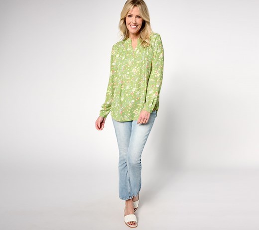 Joan Rivers Printed Floral Textured Woven Long Sleeve V-Neck Blouse - QVC.com