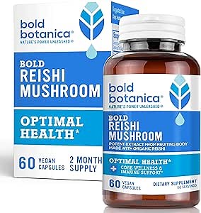 Bold Botanica Reishi Mushroom Capsules - 100% Fruiting Body - Concentrated Organic Reishi Extract for Immune Support & Core Wellness - No Mycelia & No Grain - 60 Vegan Capsules