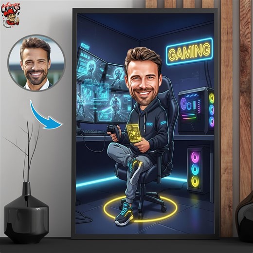 Custom Gamer Caricature From Photo – Personalized Gaming Room Art - Etsy