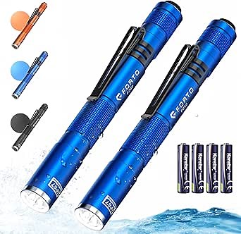 FORTO LED Pen Light, 200 Lumens Pocket Flashlight, IP67 Waterproof, 2 Modes, 2 Pack with AAA Batteries, Lightweight & Durable for Inspection, Medical Use, Emergency(Blue)