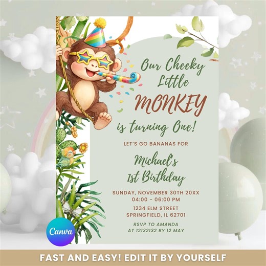 Party Our Cheeky Little Monkey is Turning One 1st Birthday Invitation, Green Jungle Animal Boy Any Age Birthday Invite, Let's Go Bananas BR1 - Etsy
