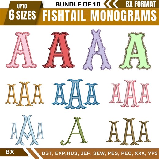 Fishtail Embroidery Monogram Font, 2 Color Monogram Font, Puff Monogram Font, Applique Fishtail Machine Embroidery, 6 Size, Instant Download - Etsy