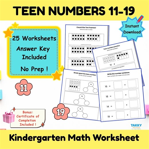 Teen Numbers 11-19 Worksheets Kindergarten Math | Number Sense | No Prep Printable PDF - Etsy