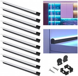 Muzata 10Pack 1FT/12inch Excellent Spotless LED Channel System with Milky White Cover Black Aluminum U Shape LED Strip Diffuser Channel U108 BW 0.3M