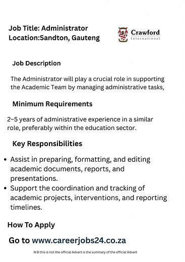 36K views · 32 reactions | Administrator Job Opportunity at Crawford International – Sandton, Gauteng Kindly Find The Application Link in The Comment Section | Job opportunities Available for 2025 | Facebook