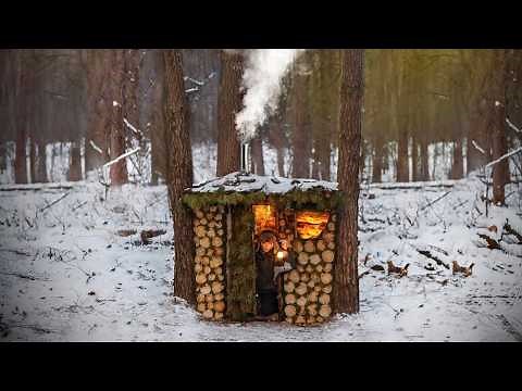 Building a Warm and Cozy Secret Hut for Survival Between The Trees, Winter Bushcraft, Log Cabin