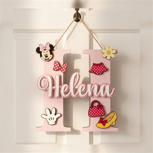 Minnie Mouse Letter Name Sign, Personalized Girl Nursery Decor, Custom Kids Room Door Sign, Pink Wooden Wall Art Gift - Etsy