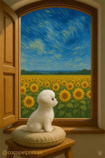 Mini Coco by the open window 🎨🌻 Where art meets a tiny world of dreams ✨ #MiniCoco #CocoPetPortrait #ArtSeries #WhimsicalArt #OpenWindow