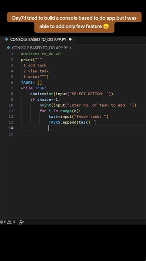 “Day 7 of Learning Python 🐍 Today I tried creating a simple console-based To-Do app with a full menu: 1️⃣ Add tasks 2️⃣ View tasks 3️⃣ Mark tasks as done 4️⃣ Delete tasks 5️⃣ Exit Honestly… I was only able to get adding and viewing tasks to work properly 😅. The indexing part for marking complete and deleting almost defeated me! But that’s okay — every struggle is a step forward. I’m excited to learn more about Python lists, loops, and how to manage tasks in memory, so that soon I’ll be able to
