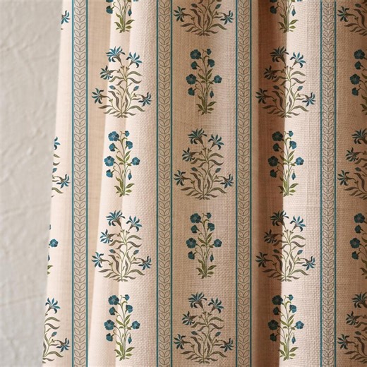 Blue Floral Linen Curtain Panel, Block Print Cottage Drape - Etsy