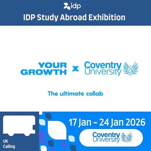 Meet Coventry University at the IDP Study Abroad Exhibition January 2026. Why Coventry University? ✨ Gold-rated for Teaching & Student Experience (TEF 2023) ⭐ 5 QS Stars for teaching, employability & innovation 📚 Flexible intakes credit transfer options (Sep, Jan, May) 🌍 Top 5 Best Student Cities in the UK 💼 Postgraduate courses with Extended Professional Practice (up to 18 months in the UK or overseas) Meet the Coventry University representative and take the next step toward your UK study jo