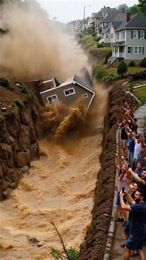 Flash flood destroys house pulling it into raging river.