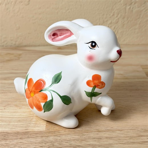Vintage Hand Painted Ceramic Bunny Figurine White Rabbit With Orange Flowers Easter Decor - Etsy