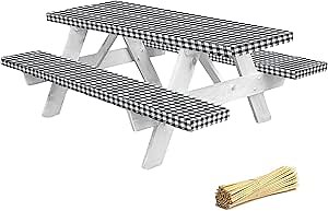 Premium Picnic Table Cover with Bench Covers Vinyl Fitted picnic table covers with Elastic RV Camping Accessories and Camper must haves Waterproof (Black Gingham, 96 x 30(8ft)) with skewers