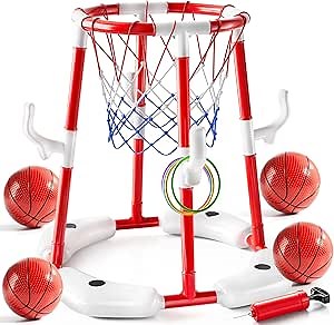 Swimming Pool Basketball Hoop Toy for Kids 2 3 4 5 6 Years Old - Floating Pool Basketball Game Toys with 4 Balls Air-Pump, Outdoor Play, Poolside Summer Water for Boys Girls Age 4-8-12 (Red)