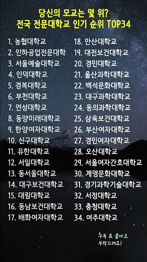 당신의 모교는 몇 위? 전국 전문대학교 인기 순위 TOP34 🏫 #전문대학교순위 #대학입시 #전문대학교선호도