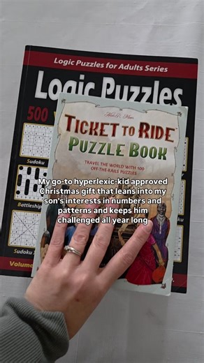 We go through a lot of logic puzzle books! 👇🏻 But his favorite is definitely nonograms. It's like art and numbers combined. (You'll see them shown at the end of the video.) He LOVES them! So, every single year, I buy him some new puzzle books. I usually find them at Dollarama, but I've also picked them up in the past from Costco (RIP the book section 😭) or from the used book sale put on by our local symphony. Comment "GIFT GUIDE" to get more hyperlexic-kid approved gift ideas. == [Video descr