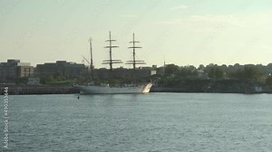 The USCGC Eagle rests at dock at the United States Coast Guard Academy in New London, Connecticut.