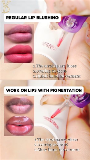Charming Tattoo Official on Instagram: "See the key difference in technique! 🎬 Standard lip blush vs. pigment correction? It’s all in the density. For neutralization, shading must be TIGHTER and DENSER — strokes placed close together. This is the secret to controlling undertones and preventing the natural pigment from peeking through. 👌 Every detail in shading shapes the final look. Comment “YDPMU” to get a free dark lip color scheme! #LipBlushing #PMUTips #LipNeutralization #LipCorrection #Da