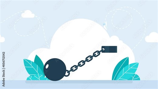 Shackles on a chain with weight metal ball, prisoner fetter, encumbrance, or debt concept. Ball on chain. Shackle icon. Jail chain with heavy shackle. Heaviness. Burden. Hard. 2d flat animation