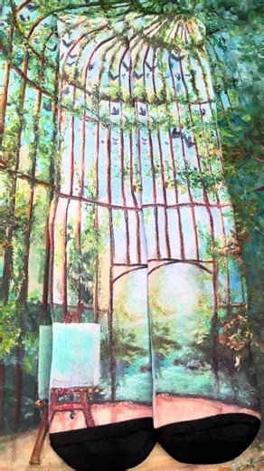 Art you can wear. Check my new socks in my shop. These socks aren’t just art — they’re a feeling. 🕊️ Inspired by my original painting of the inside of a birdcage, this design is about being comfortable in your own cage. Soft, wearable canvas. Earthy greens, sky blues, and warm light that feels calm, grounded, and a little rebellious. These are for people who’ve learned how to make their space their own — even when life puts limits on you. #surrealism #birder #artlover #socktok #socks