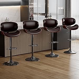 Bar Stools Set of 4, Modern Pu Leather Swivel Adjustable Bar Stool Counter Height Stool Set, Bar Chair with Back and Footrest for Kitchen, Dining Room, Brown