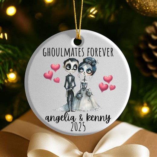 Bride and Groom Sugar Skeleton Ceramic Christmas Ornament: Ghoulmates Wedding Gift