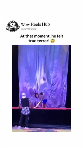 Wow Reels Hub™ on Instagram: "This 27-second clip captures a hilarious prank at a circus-like stage performance under string lights, where an adult in a black-and-white checkered shirt and white cap hands a long yellow stick to a young boy in blue shorts and a white shirt, encouraging him to poke and prod a massive purple curtain draped across the stage on a colorful mat floor. As the boy jabs repeatedly, creating ripples and bulges in the fabric, the adult joins in with enthusiastic gestures, b