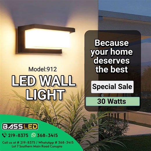 🌟🎉Expand your Brightness🎉🌟 LED WALL LIGHT Product: 🌠Model:912 🌠30W 🌠2,550 Lumens(Brightness) 🌠Material: Die Cast Aluminum Housing 🌠Easy To Install 🌠Colour:6500K 🌠 Voltage:AC85-265V 🌠1 Year Warranty Applications - Living Rooms -Bedrooms - Patios -Closets -Retail Stores -Restaurants -Dining Room -Outdoor Spaces 🌠Certifications: IP65 💰Price:$240.00(VAT Inclusive) 🏃‍♂️HURRY,BEFORE STOCK RUNS OUT🏃‍♂️ 📌WE ARE LOCATED AT LOT 7 SOUTHERN MAIN RD CUNUPIA📌 📞Call us at 219-8375 / 368-3415