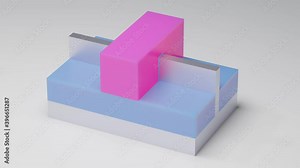 FINFET transistor 3D render. FIN shaped field effect transistor is a component of new generation of semiconductor chips and integrated circuits. Pink - Gate, blue - Insulator, silver - Substrate.