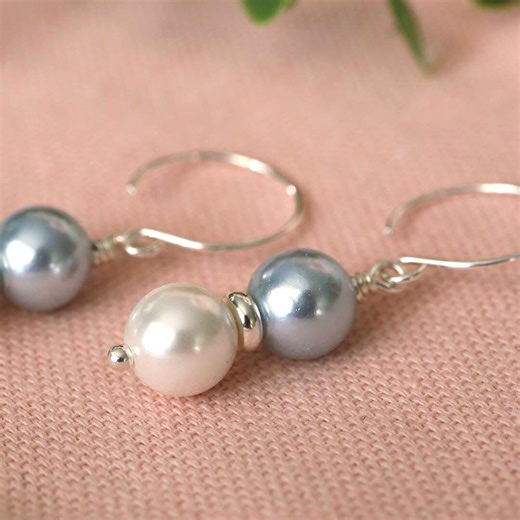 Platinum and White Shell Pearl Drop Earrings, 8mm Two-tone Dangle, Silver Plated Brass Hooks - Etsy