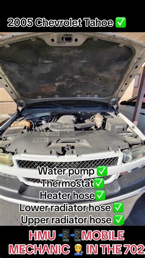🔧 2005 Chevy Tahoe Cooling System Repair 🔧 Client was dealing with a major overheating issue on this 2005 Chevy Tahoe. When I inspected it, the whole cooling system was in bad shape. Everything was corroded and worn out. ❌ Water pump was gushing coolant 💧 ❌ Thermostat failing 🌡️ ❌ Upper & lower radiator hoses cracked ❌ Heater hose leaking ❌ Serpentine belt popping out because everything was worn No worries though — got the client taken care of 💪🧑‍🔧 ✅ Installed new water pump ✅ Replaced th