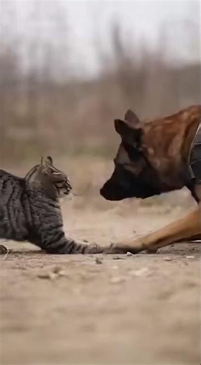 The cat defends her kittens from the predatory dog.###