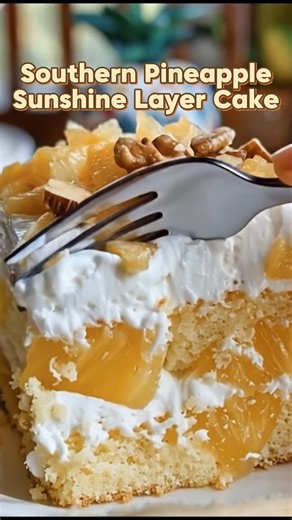 Southern Pineapple Sunshine Layer Cake 🍍☀️ This Southern Pineapple Sunshine Layer Cake is pure comfort in cake form soft, fluffy layers packed with sweet pineapple, stacked with a creamy whipped filling, and finished with juicy pineapple chunks on top. It’s the kind of cake that disappears fast, so save this one and tag a friend who loves a good Southern dessert 💛🍰 Yield: 10–12 large servings Ingredients: Cake • 1 box yellow cake mix • 4 large eggs • 1 can (20 oz) crushed pineapple, undrained