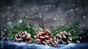 Christmas seamless looping with falling snow. Christmas background with pine cones and fir tree branches. 4k