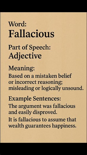 Fallacious (/fəˈleɪ.ʃəs/) (Adjective): Based on a mistaken belief or incorrect reasoning;...
